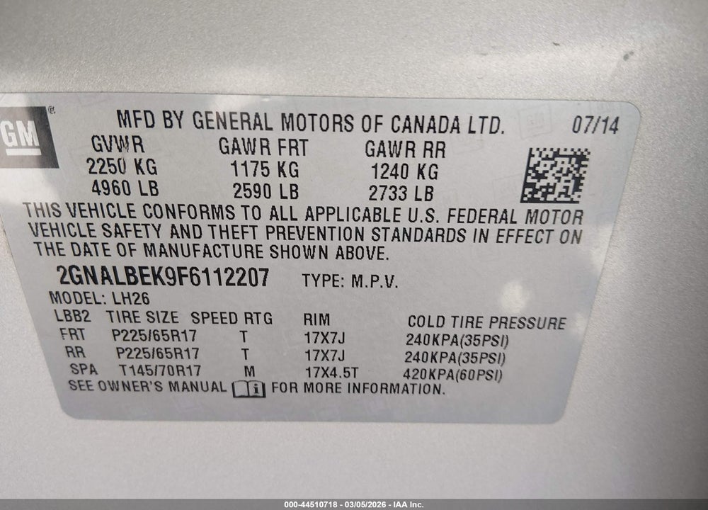 2015 CHEVROLET EQUINOX 1LT VIN: 2GNALBEK9F6112207