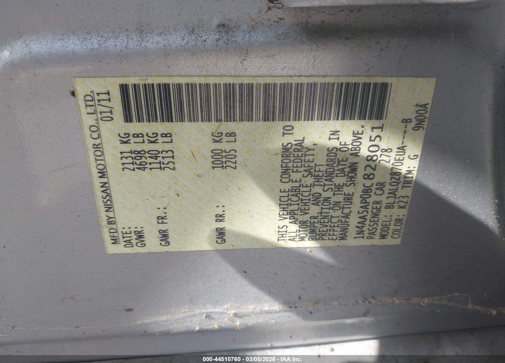 2011 NISSAN MAXIMA 3.5 S VIN: 1N4AA5AP0BC828051