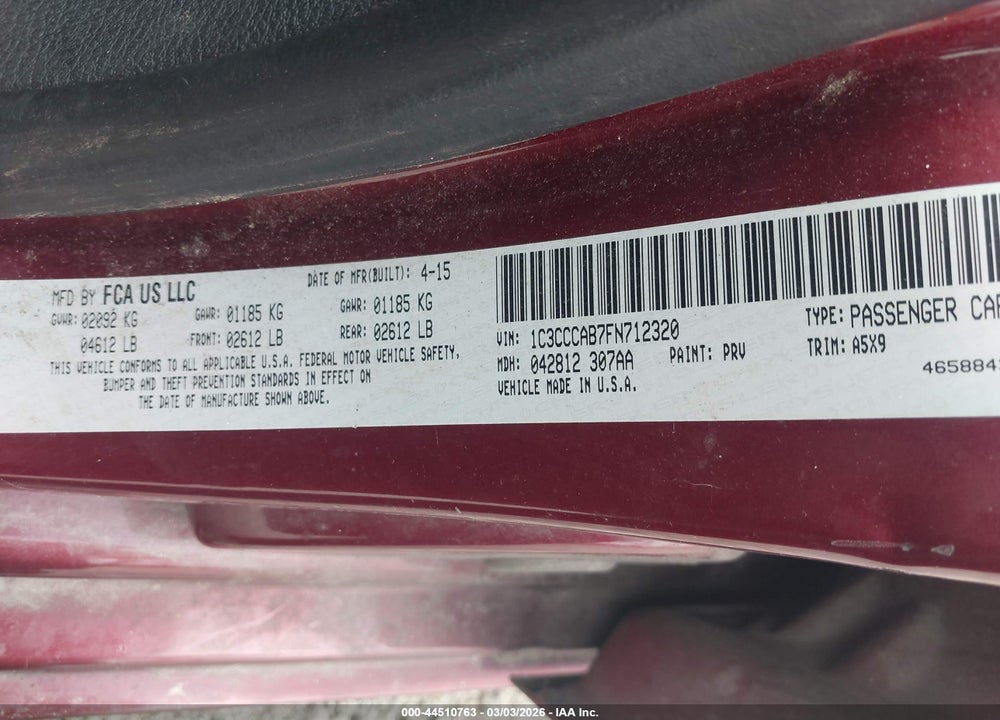 2015 CHRYSLER 200 LIMITED VIN: 1C3CCCAB7FN712320