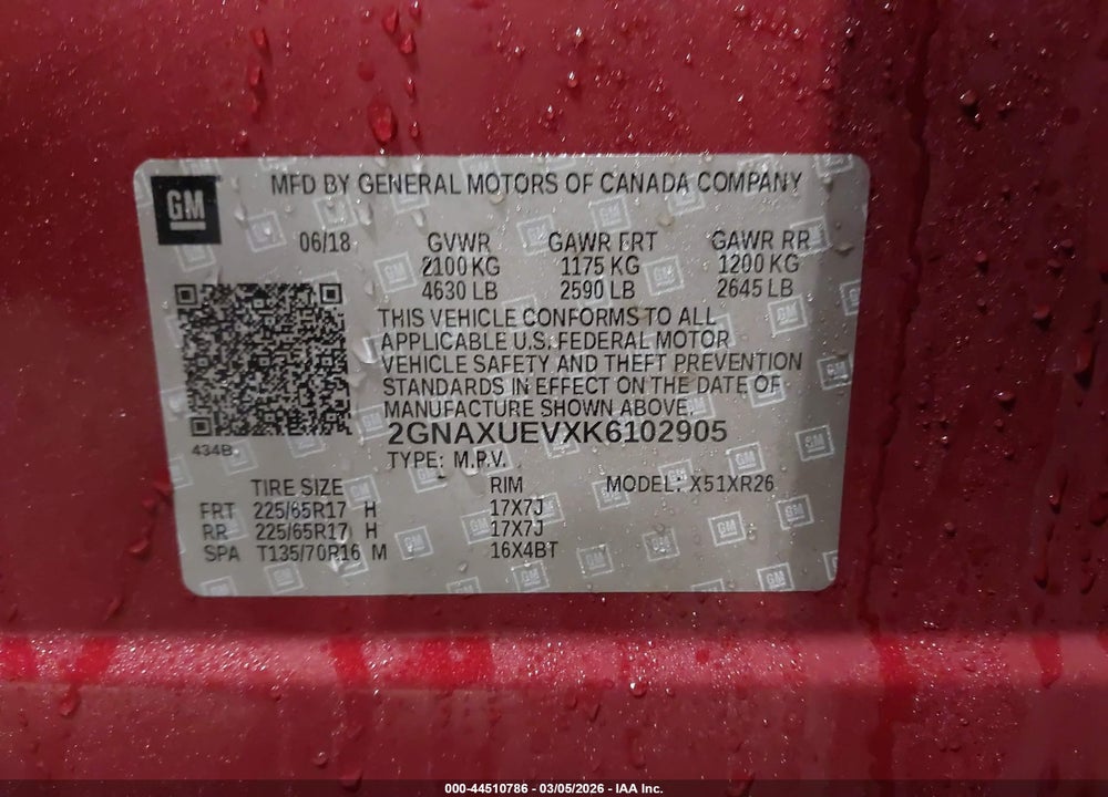 2019 CHEVROLET EQUINOX LT VIN: 2GNAXUEVXK6102905