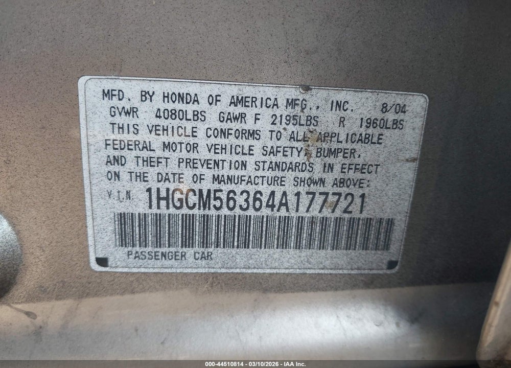 2004 HONDA ACCORD 2.4 LX VIN: 1HGCM56364A177721
