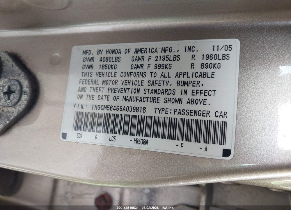 2006 HONDA ACCORD 2.4 LX VIN: 1HGCM56466A039818