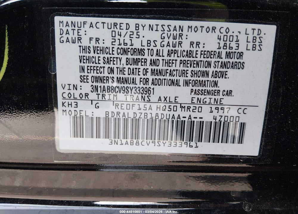 2025 NISSAN SENTRA SV VIN: 3N1AB8CV9SY333961
