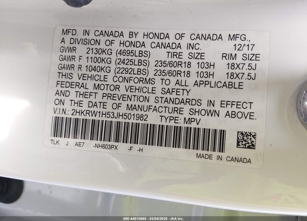 2018 HONDA CR-V EX VIN: 2HKRW1H53JH501982