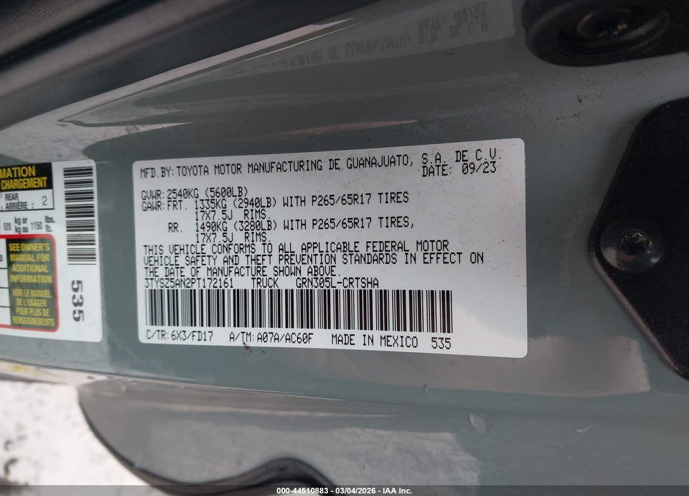 2023 TOYOTA TACOMA TRD SPORT VIN: 3TYSZ5AN2PT172161