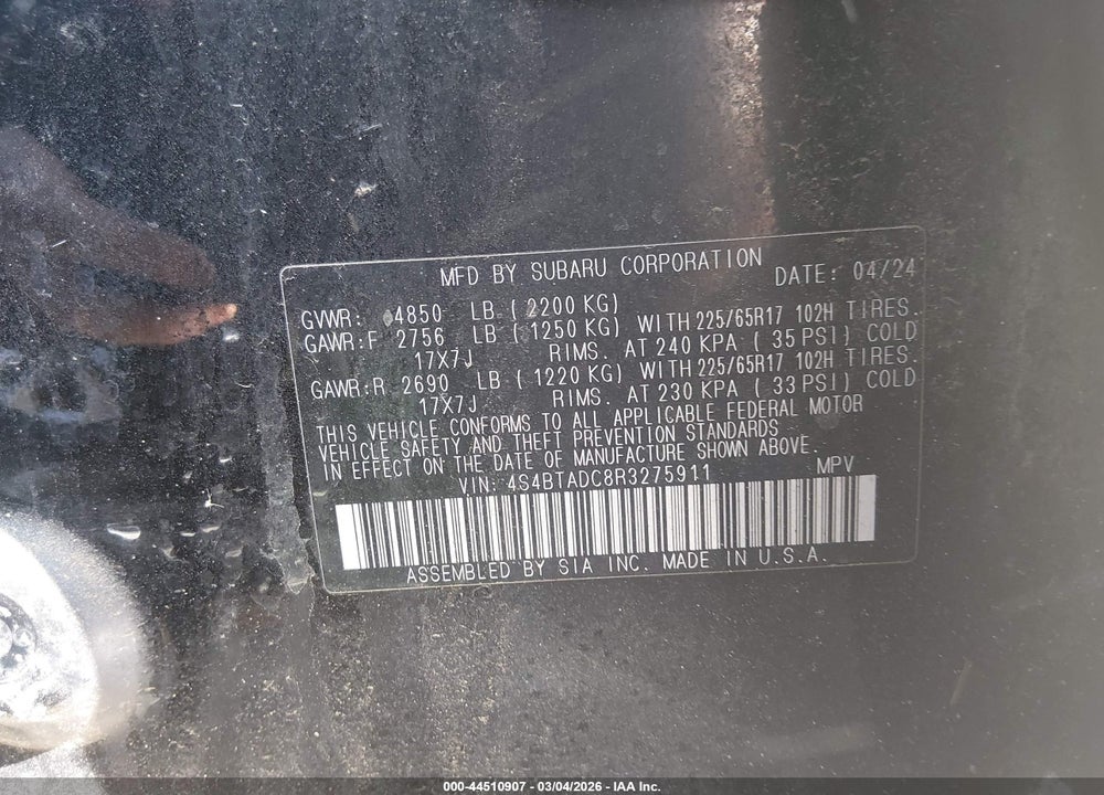 2024 SUBARU OUTBACK PREMIUM VIN: 4S4BTADC8R3275911