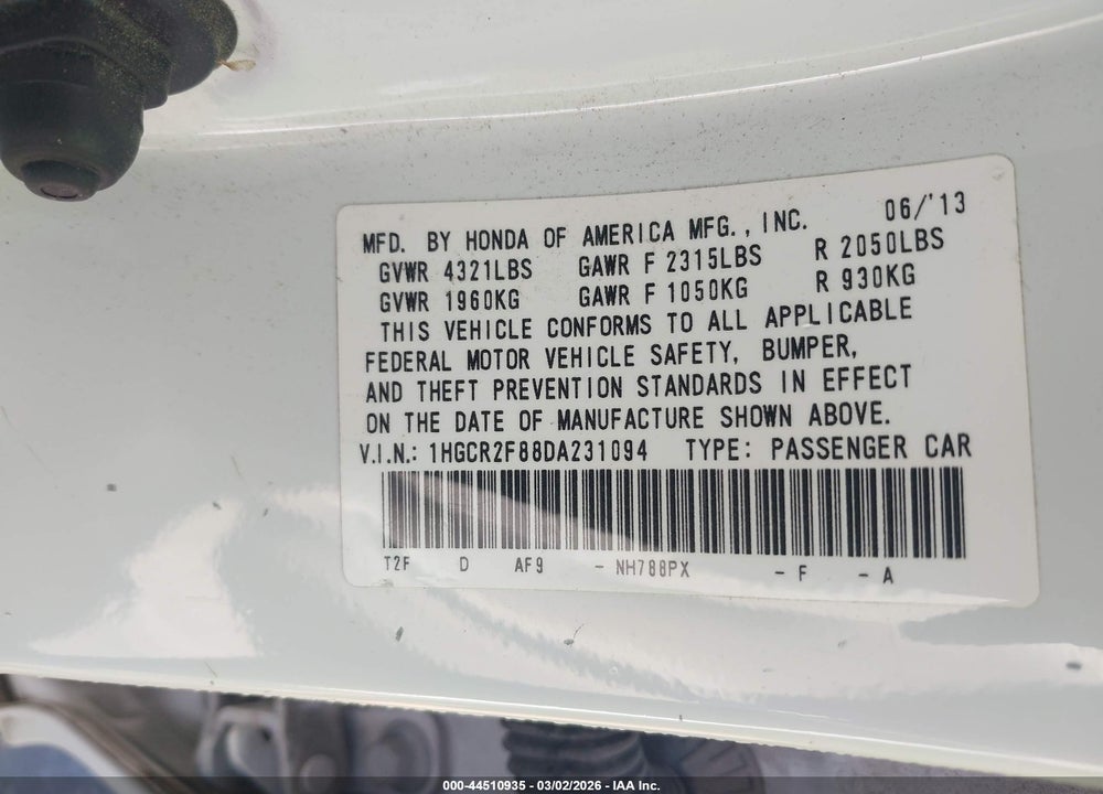 2013 HONDA ACCORD EX-L VIN: 1HGCR2F88DA231094