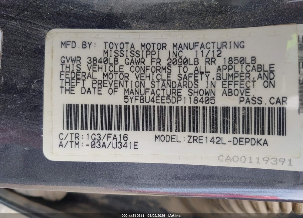 2013 TOYOTA COROLLA L VIN: 5YFBU4EE5DP118405