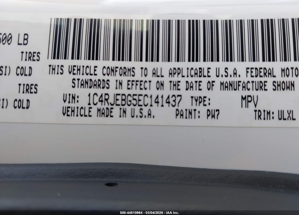2014 JEEP GRAND CHEROKEE LIMITED VIN: 1C4RJEBG5EC141437