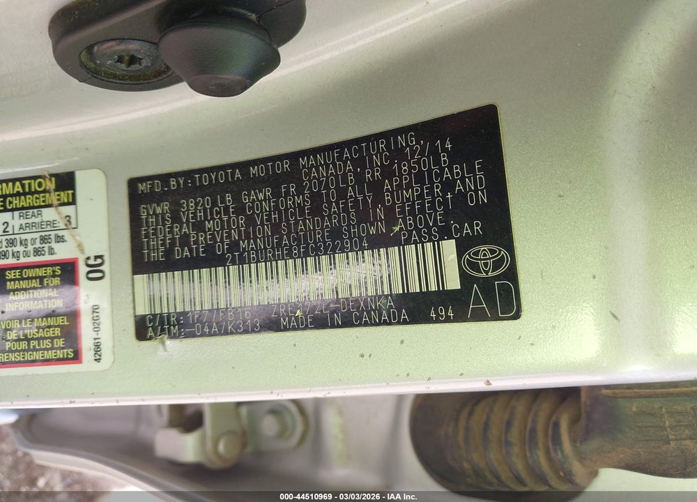 2015 TOYOTA COROLLA LE VIN: 2T1BURHE8FC322904