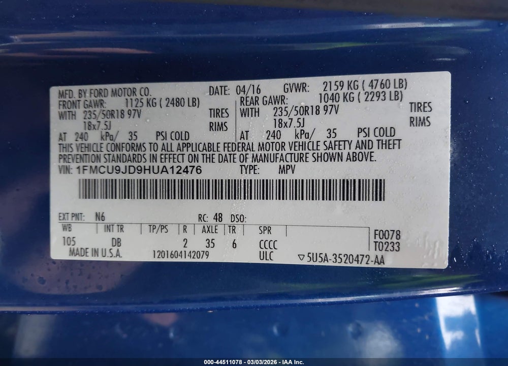 2017 FORD ESCAPE TITANIUM VIN: 1FMCU9JD9HUA12476