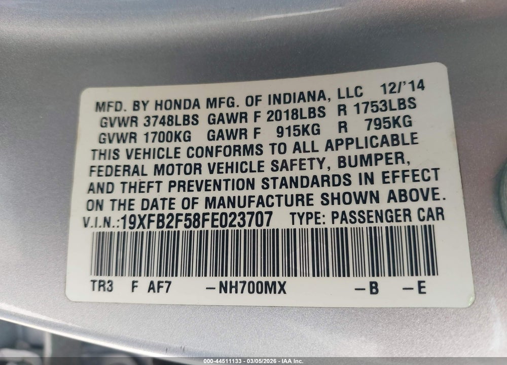 2015 HONDA CIVIC LX VIN: 19XFB2F58FE023707