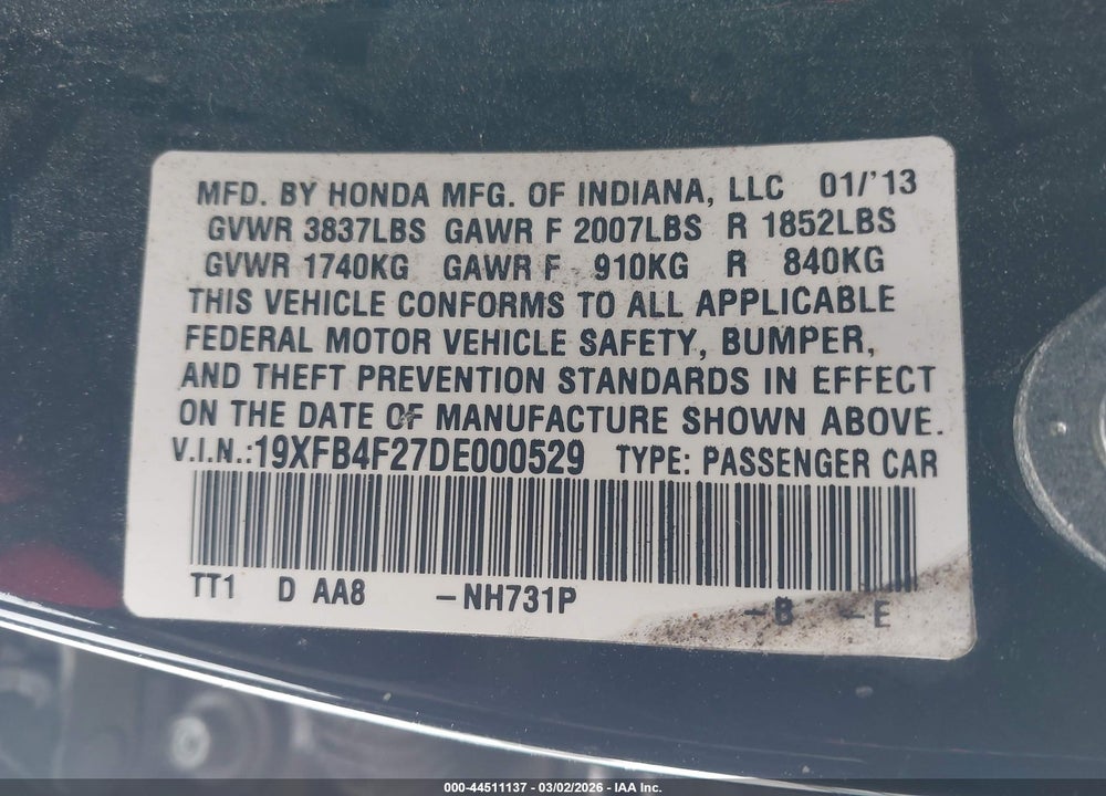 2013 HONDA CIVIC HYBRID VIN: 19XFB4F27DE000529