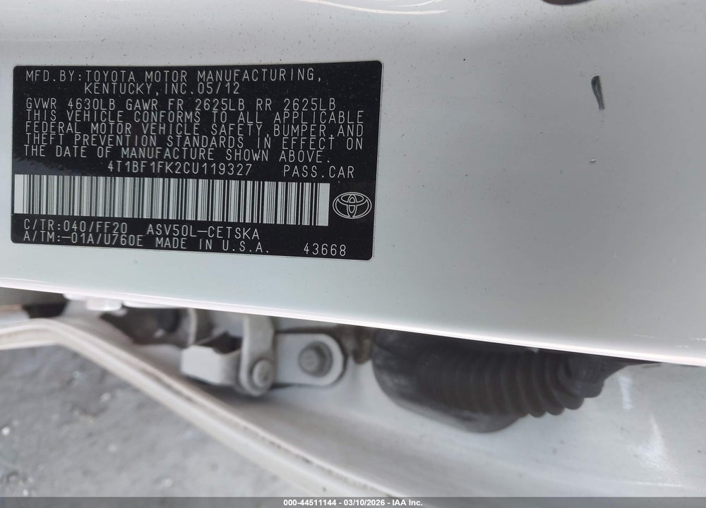 2012 TOYOTA CAMRY SE VIN: 4T1BF1FK2CU119327