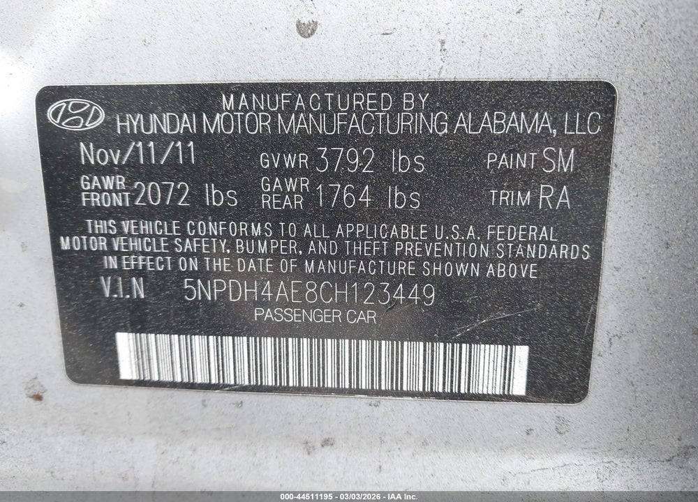 2012 HYUNDAI ELANTRA GLS VIN: 5NPDH4AE8CH123449