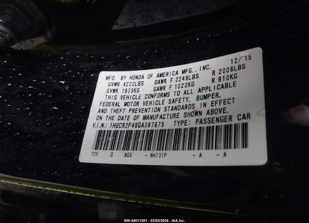 2016 HONDA ACCORD LX VIN: 1HGCR2F46GA087675