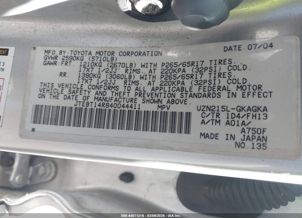 2004 TOYOTA 4RUNNER SR5 SPORT V8 VIN: JTEBT14R840044411