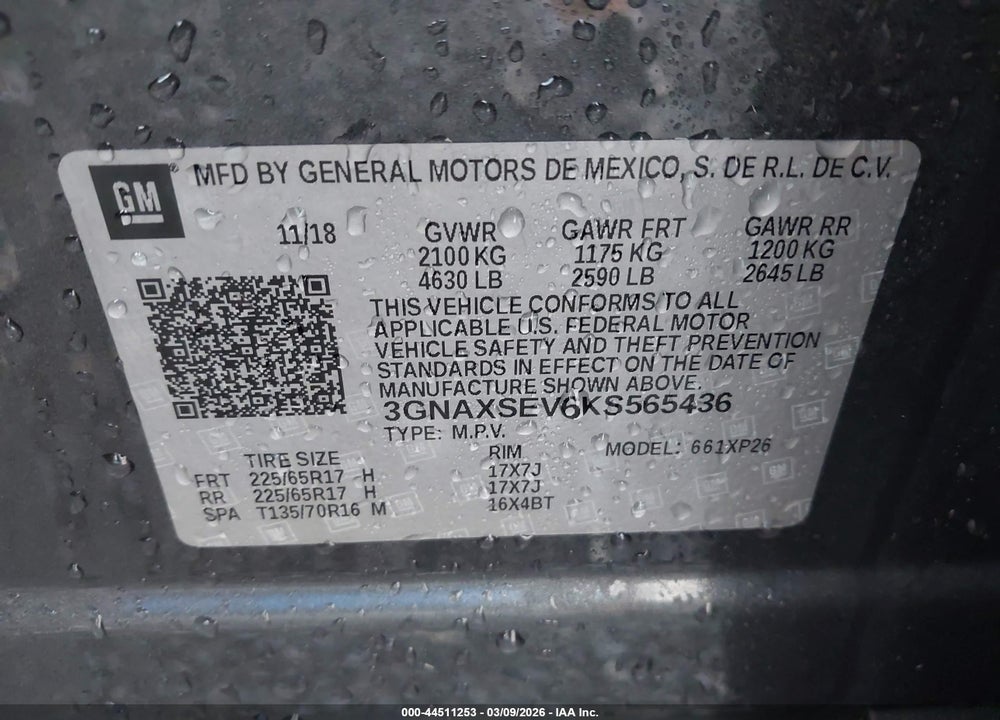 2019 CHEVROLET EQUINOX LS VIN: 3GNAXSEV6KS565436