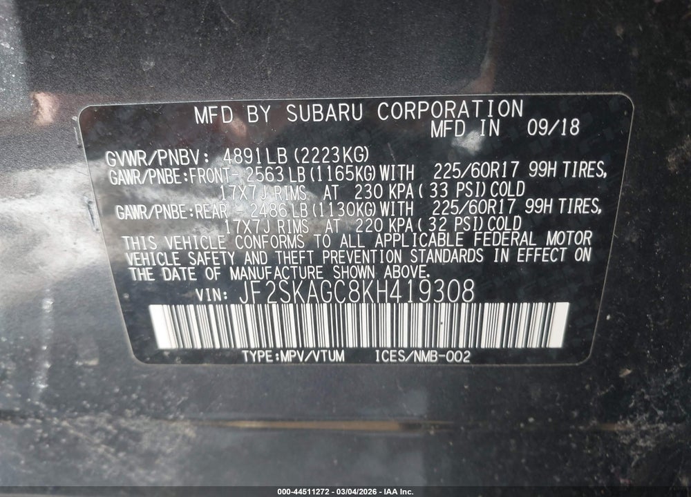 2019 SUBARU FORESTER PREMIUM VIN: JF2SKAGC8KH419308