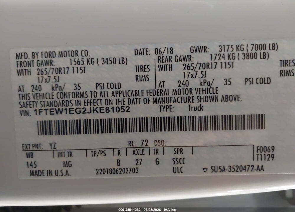 2018 FORD F-150 XLT VIN: 1FTEW1EG2JKE81052