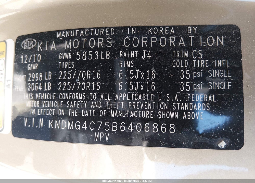 2011 KIA SEDONA LX VIN: KNDMG4C75B6406868