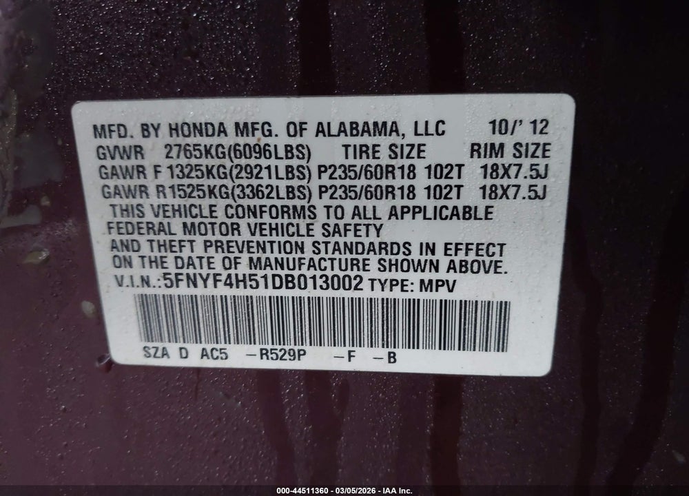 2013 HONDA PILOT EX-L VIN: 5FNYF4H51DB013002