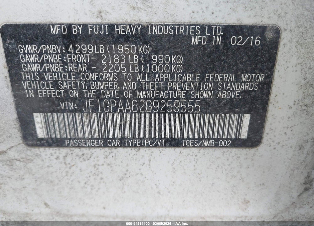 2016 SUBARU IMPREZA 2.0I VIN: JF1GPAA62G9259555