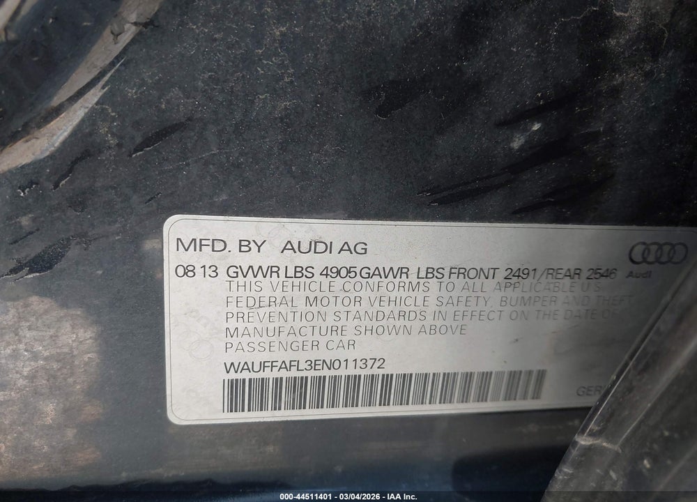 2014 AUDI A4 2.0T PREMIUM VIN: WAUFFAFL3EN011372