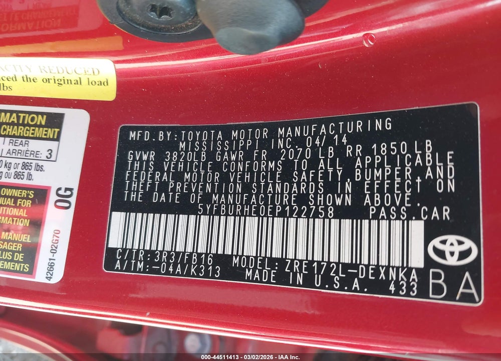 2014 TOYOTA COROLLA L VIN: 5YFBURHE0EP122758