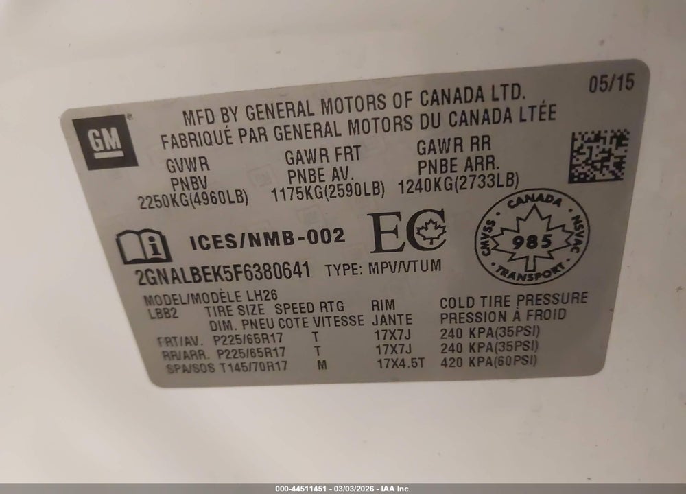 2015 CHEVROLET EQUINOX 1LT VIN: 2GNALBEK5F6380641