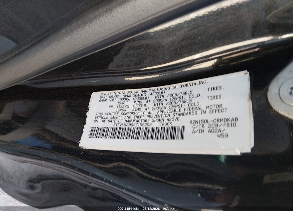 2003 TOYOTA TACOMA VIN: 5TEVL52N93Z155203