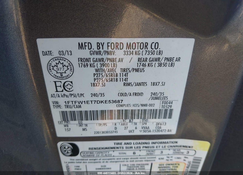 2013 FORD F-150 XLT VIN: 1FTFW1ET7DKE53687
