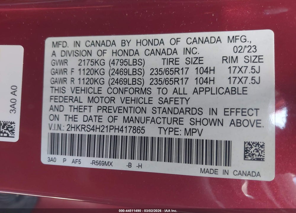 2023 HONDA CR-V LX AWD VIN: 2HKRS4H21PH417865