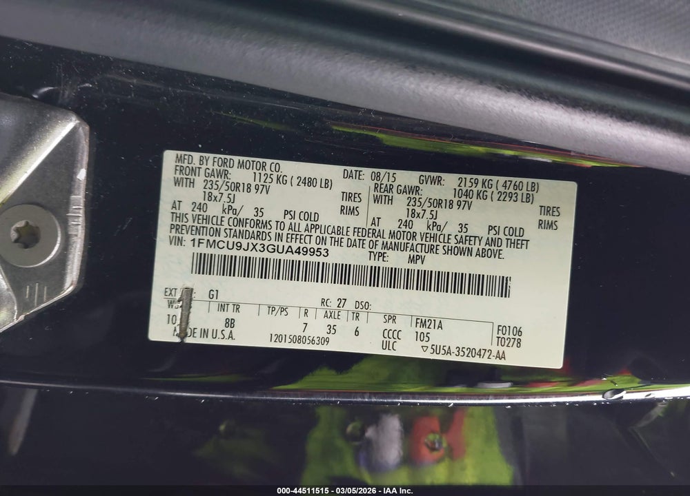 2016 FORD ESCAPE TITANIUM VIN: 1FMCU9JX3GUA49953