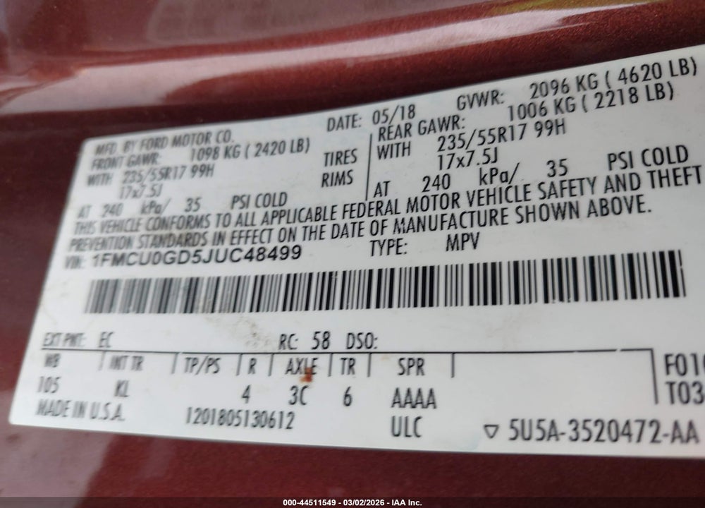 2018 FORD ESCAPE SE VIN: 1FMCU0GD5JUC48499