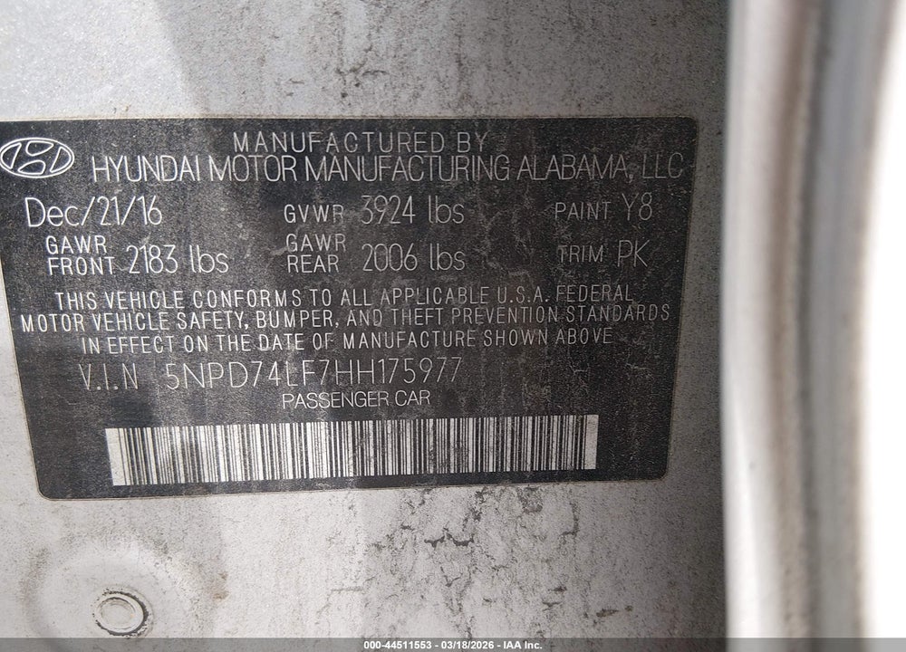 2017 HYUNDAI ELANTRA SE VIN: 5NPD74LF7HH175977
