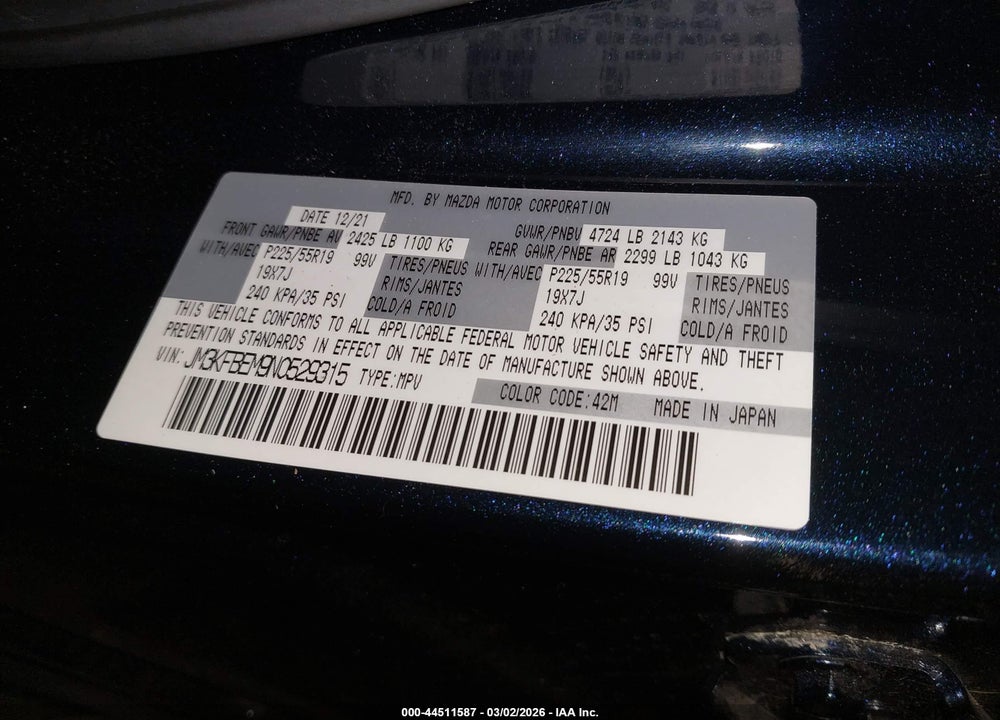 2022 MAZDA CX-5 2.5 S PREMIUM PLUS VIN: JM3KFBEM9N0529315