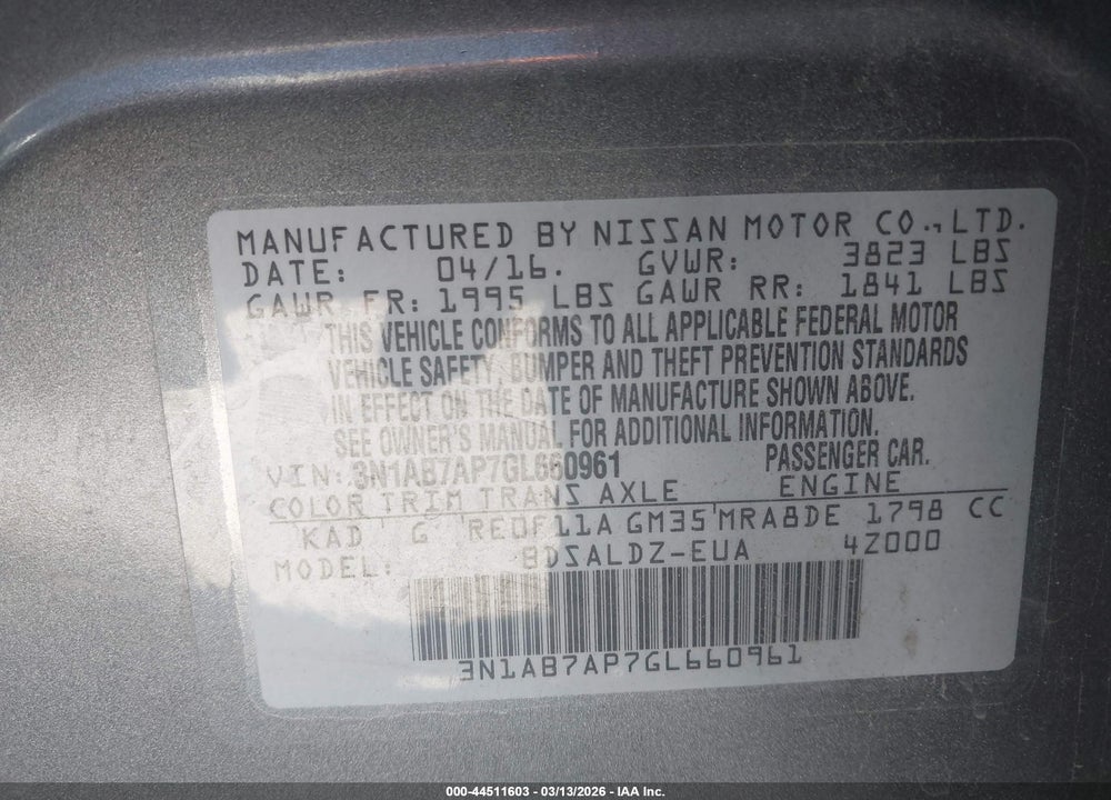 2016 NISSAN SENTRA FE+ S/S/SL/SR/SV VIN: 3N1AB7AP7GL660961
