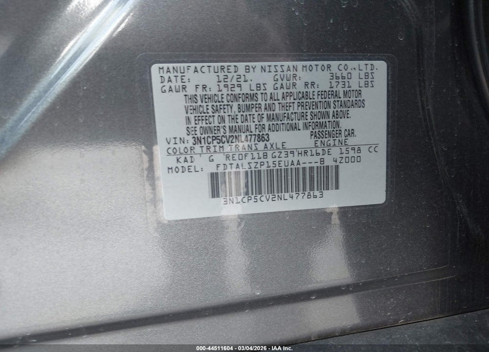 2022 NISSAN KICKS SV XTRONIC CVT VIN: 3N1CP5CV2NL477863