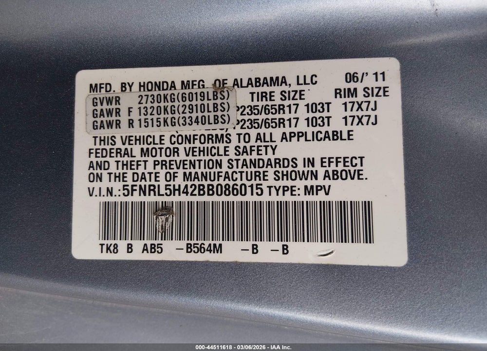 2011 HONDA ODYSSEY EX VIN: 5FNRL5H42BB086015