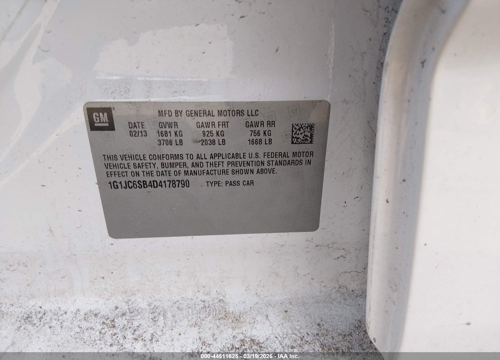2013 CHEVROLET SONIC LT AUTO VIN: 1G1JC6SB4D4178790