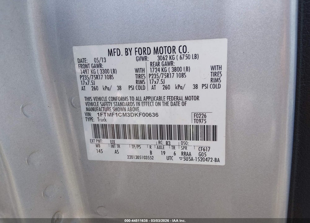 2013 FORD F-150 XL VIN: 1FTMF1CM3DKF00636