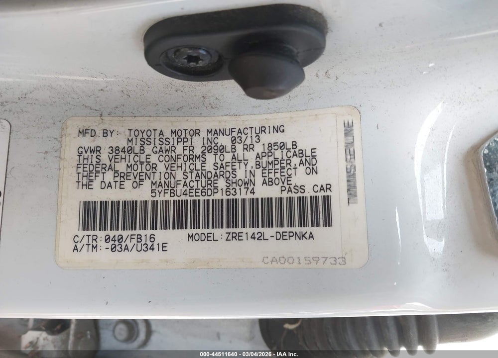 2013 TOYOTA COROLLA LE VIN: 5YFBU4EE6DP163174