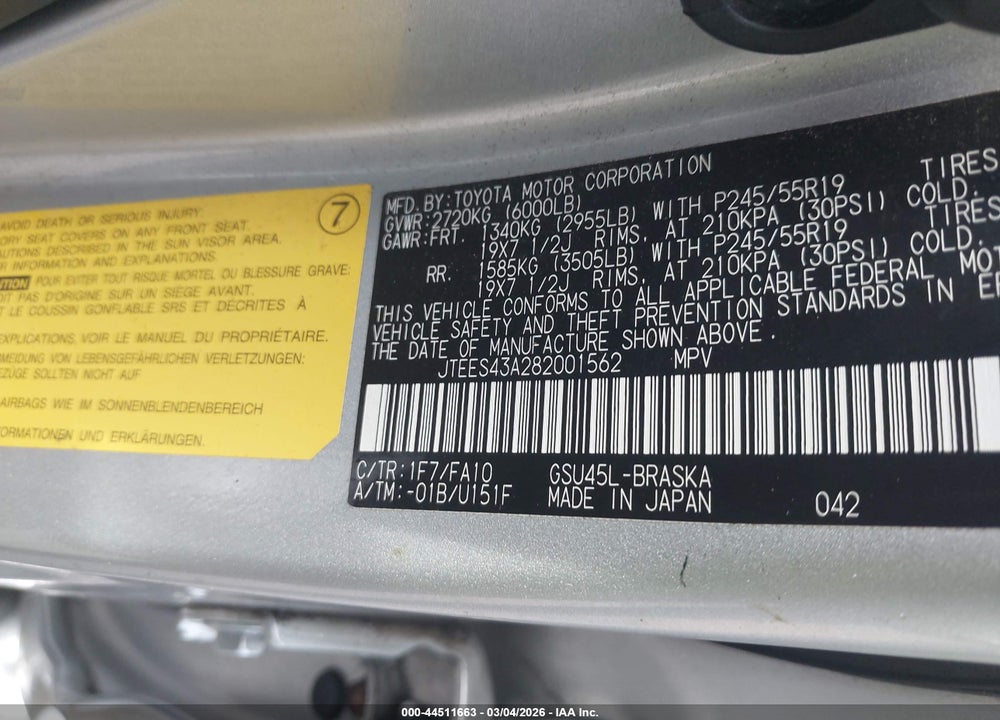 2008 TOYOTA HIGHLANDER SPORT VIN: JTEES43A282001562