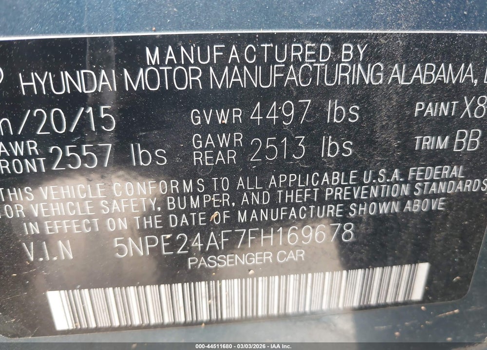 2015 HYUNDAI SONATA SE VIN: 5NPE24AF7FH169678