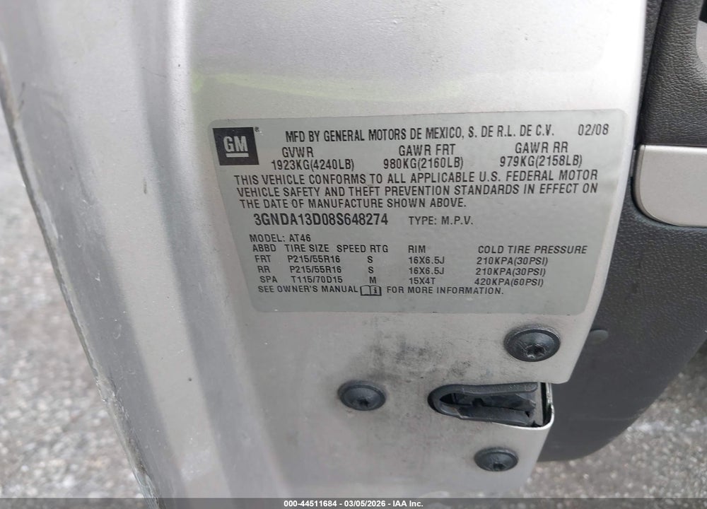 2008 CHEVROLET HHR LS VIN: 3GNDA13D08S648274
