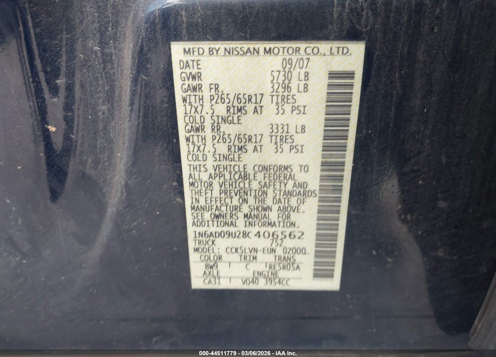 2008 NISSAN FRONTIER LE VIN: 1N6AD09U28C406562
