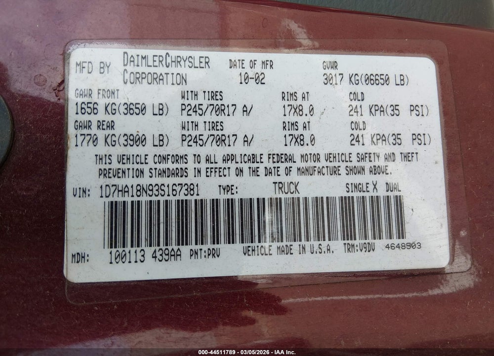 2003 DODGE RAM 1500 SLT/LARAMIE/ST VIN: 1D7HA18N93S167381