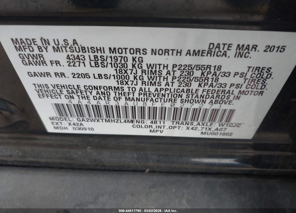 2015 MITSUBISHI OUTLANDER SPORT ES VIN: 4A4AR3AU8FE027271