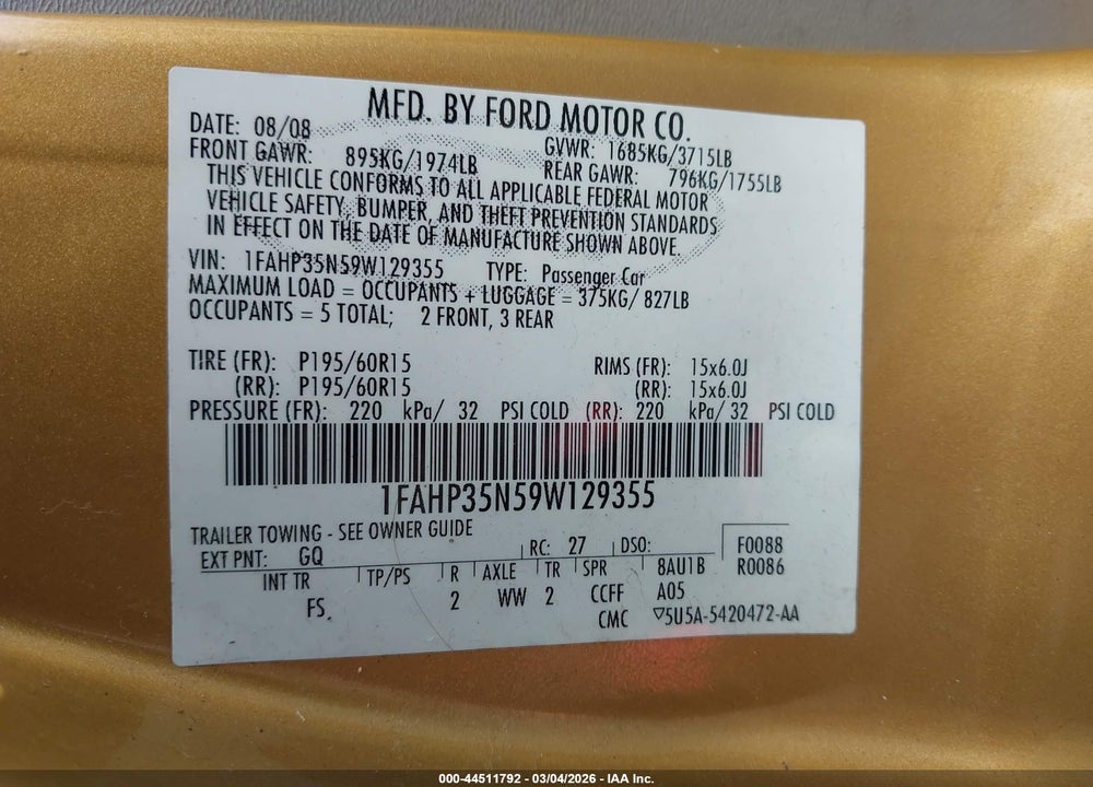 2009 FORD FOCUS SE VIN: 1FAHP35N59W129355